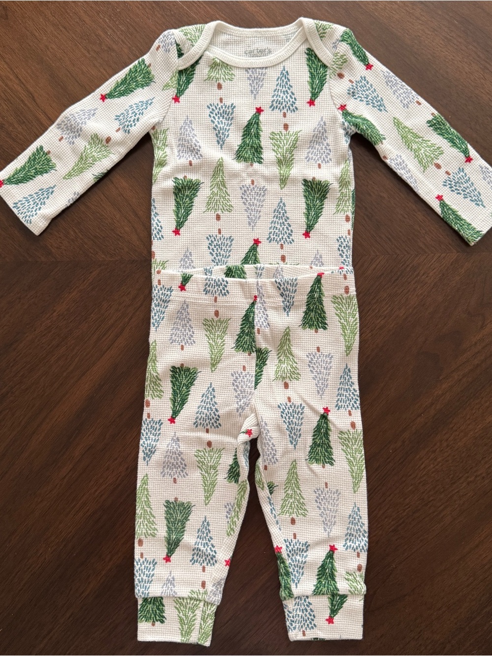 Carter's White Waffle Knit Pajama Top and Pants with Tree Print